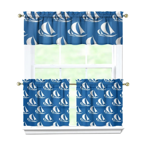 Nautical Kitchen Curtains Set Anchor Lighthouse Boat Ocean Waves Coastal Tier and Valance Marine Summer Voyage Theme Rod Pocket Curtains
