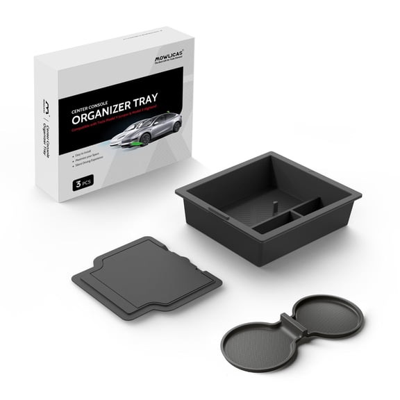 MOWLICAS Food-Grade Silicone Center Console Organizer, Tesla New Model Y 2026/2025 (Juniper) & Model 3 2024-2026 (Highland) Accessories, Bigger Divider Design for Maximize Space (Black)