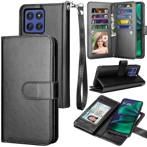 For Motorola Moto G Stylus 5G 2025 Wallet Case with Card Holder for Women Men, Leather Wallet for Moto G Stylus 5G 2025 Case, Tekcoo Detachable Magnetic Kickstand Cover with Wrist Strap, Black