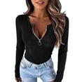 thumbnail image 6 of VEKDONE Womens Sexy Tops Long Sleeve Zipper V Neck Shirts Ribbed Knit Low Cut Tops Fall Stretch Slim Fit Shirts Solid Color Fashion Blouses Black L, 6 of 7