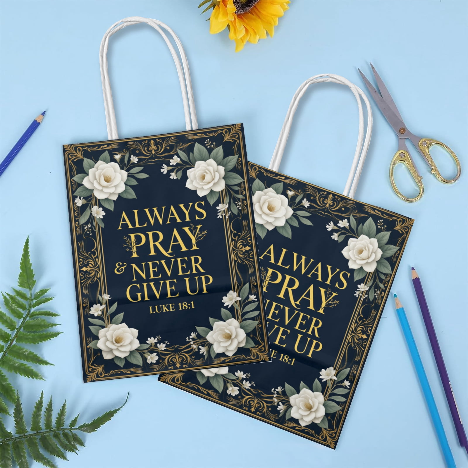 YAHAFEPY 20Pcs Christian God Bless Party Favor Bags, Bible Easter Sunday School Kraft Candy Gift Bags with Handles