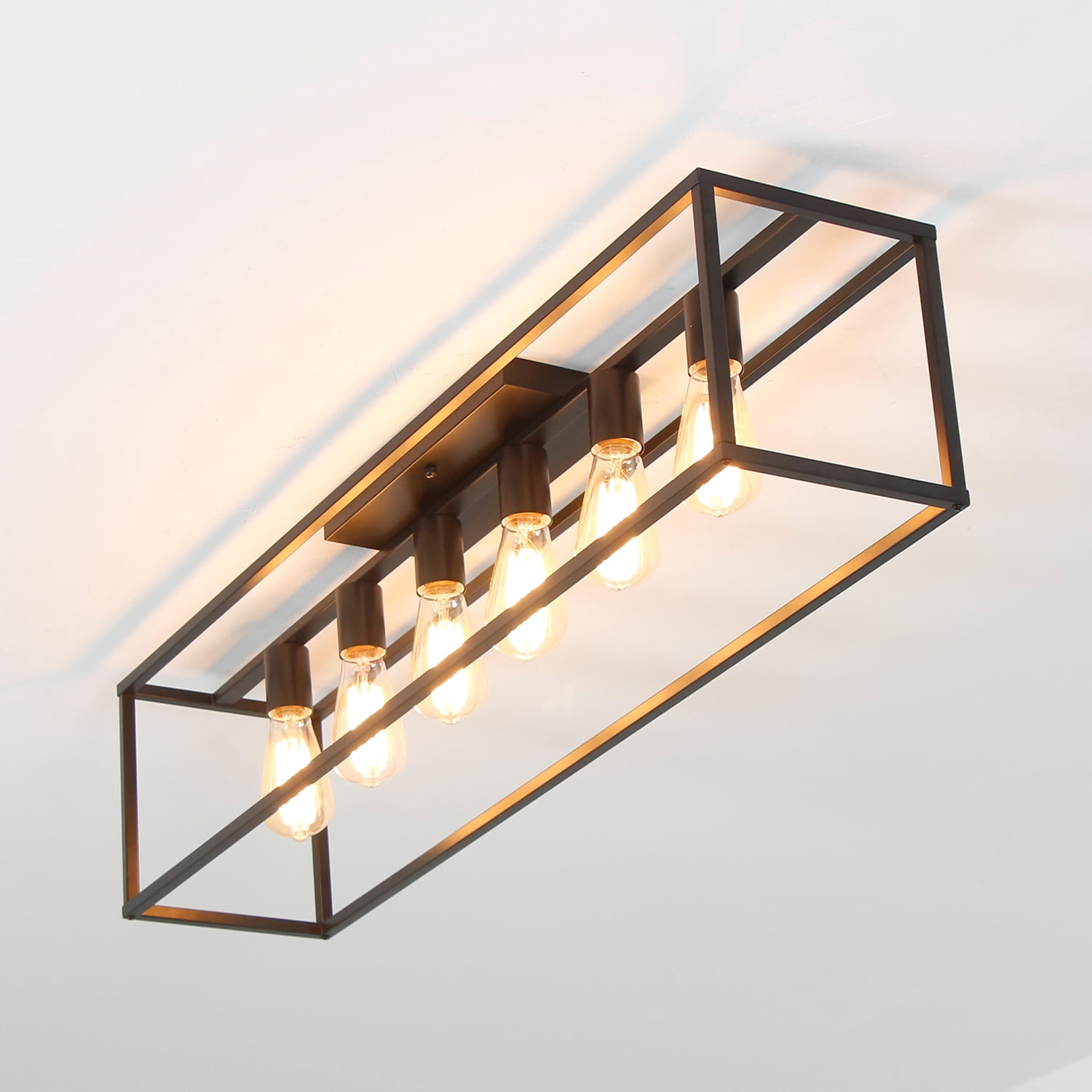 38" 6-Light Farmhouse Black Rectangle Cage Close to Ceiling Light for Living Dining Room
