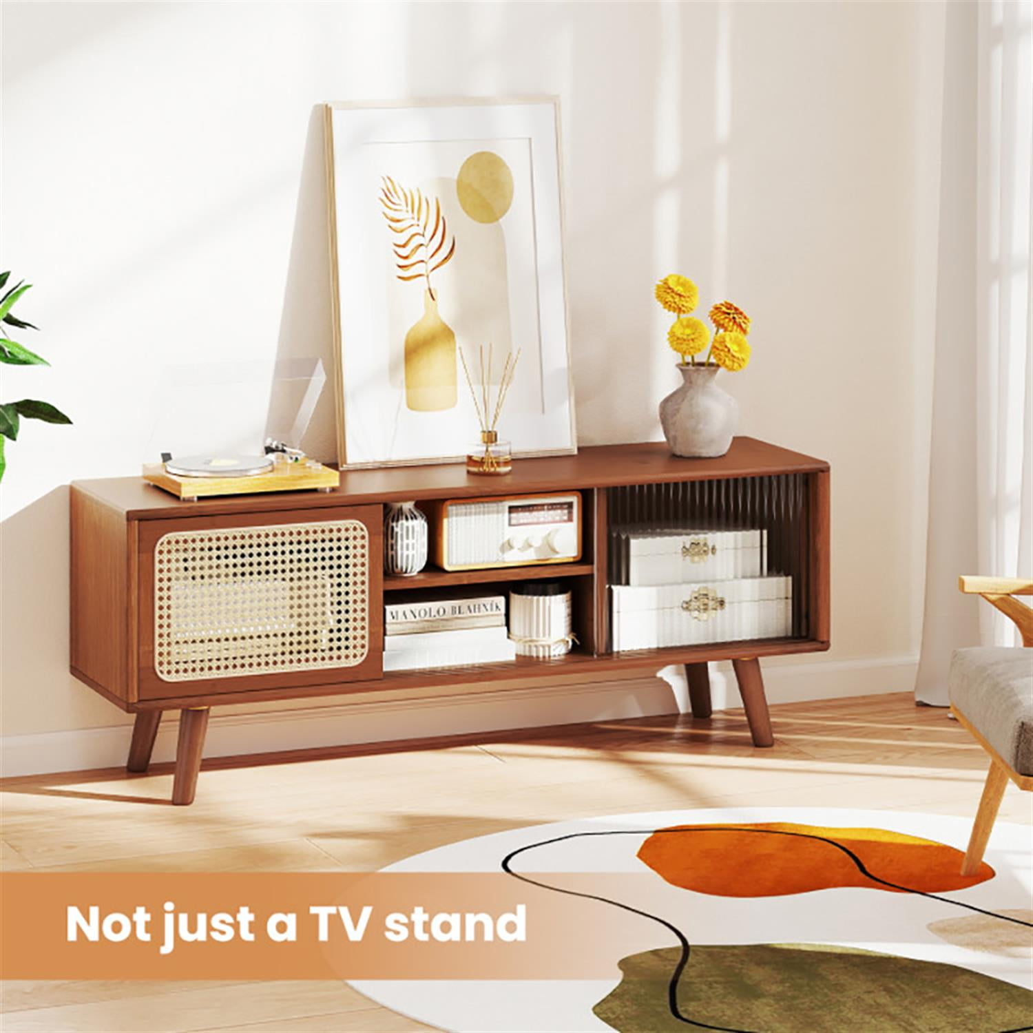 Demi Bonn TV Stand for 50" TVs, Entertainment Center with Rattan Glass Sliding Doors, Modern Media TV Console Table for Living Room Bedroom, Brown