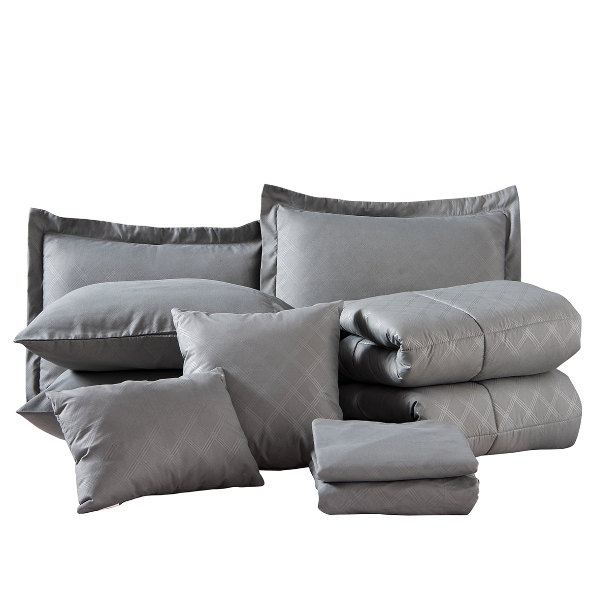 NC 10 Piece Bed in a Bag Queen Size Comforter Set Bedding Set, Plaid Pattern, Grey