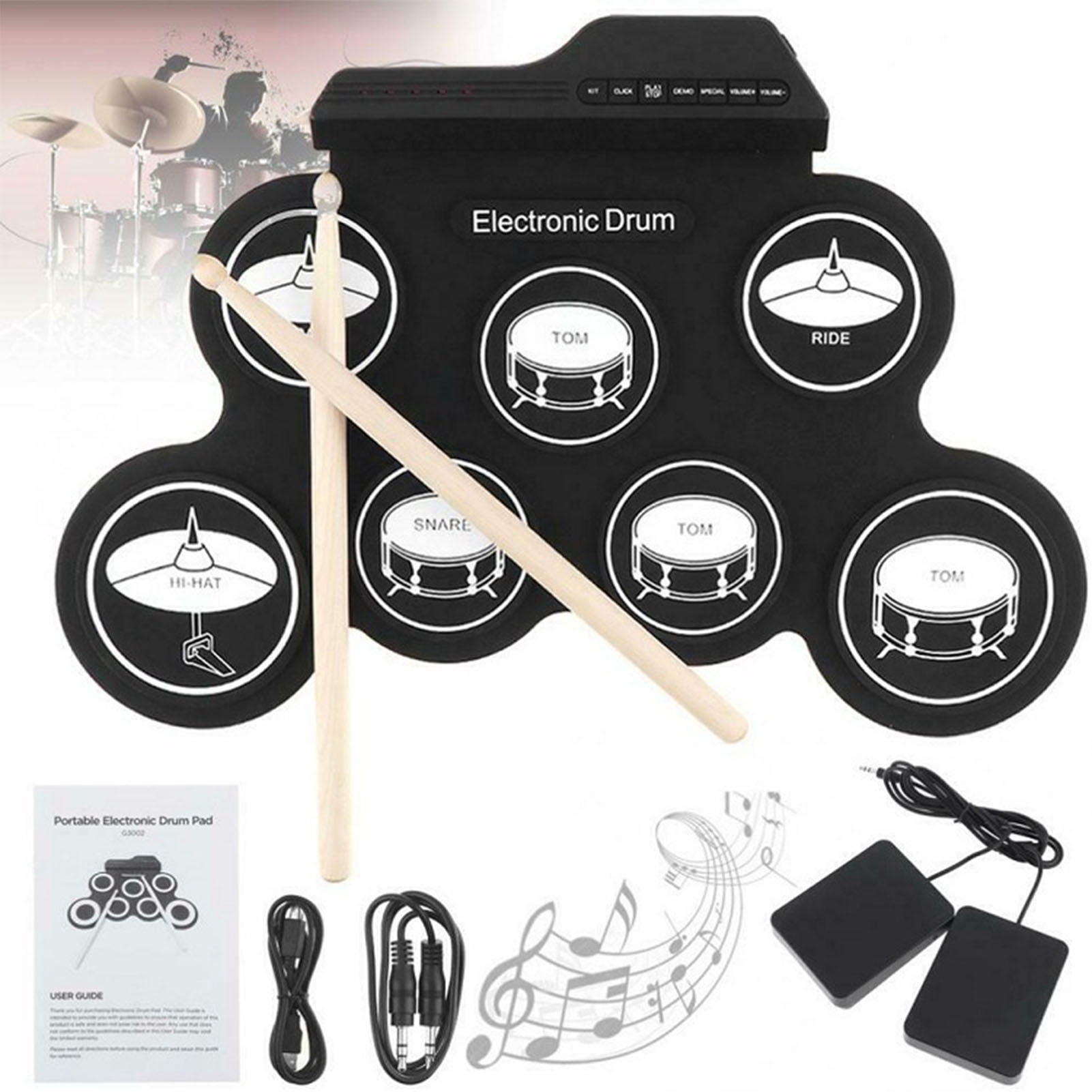 Electronic Drum Set 7 Pads 5 Tunings 8 Demonstration Songs 3 Rhythms Portable USB Roll Up Drum Practice Pad
