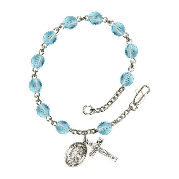 St. Raphael the Archangel Silver Plate Rosary Bracelet 6mm March Light Blue Fire Polished Beads Crucifix Size 5/8 x 1/4 medal