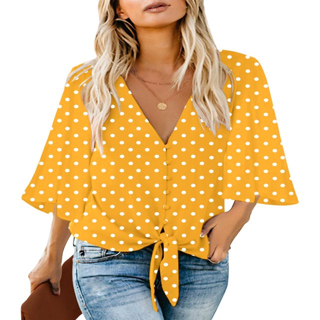 CHUANK Women‘s Button Down V Neck Tops Ruffled 3/4 Sleeve Tie Knot Front Blouses White Sizes S-2XL