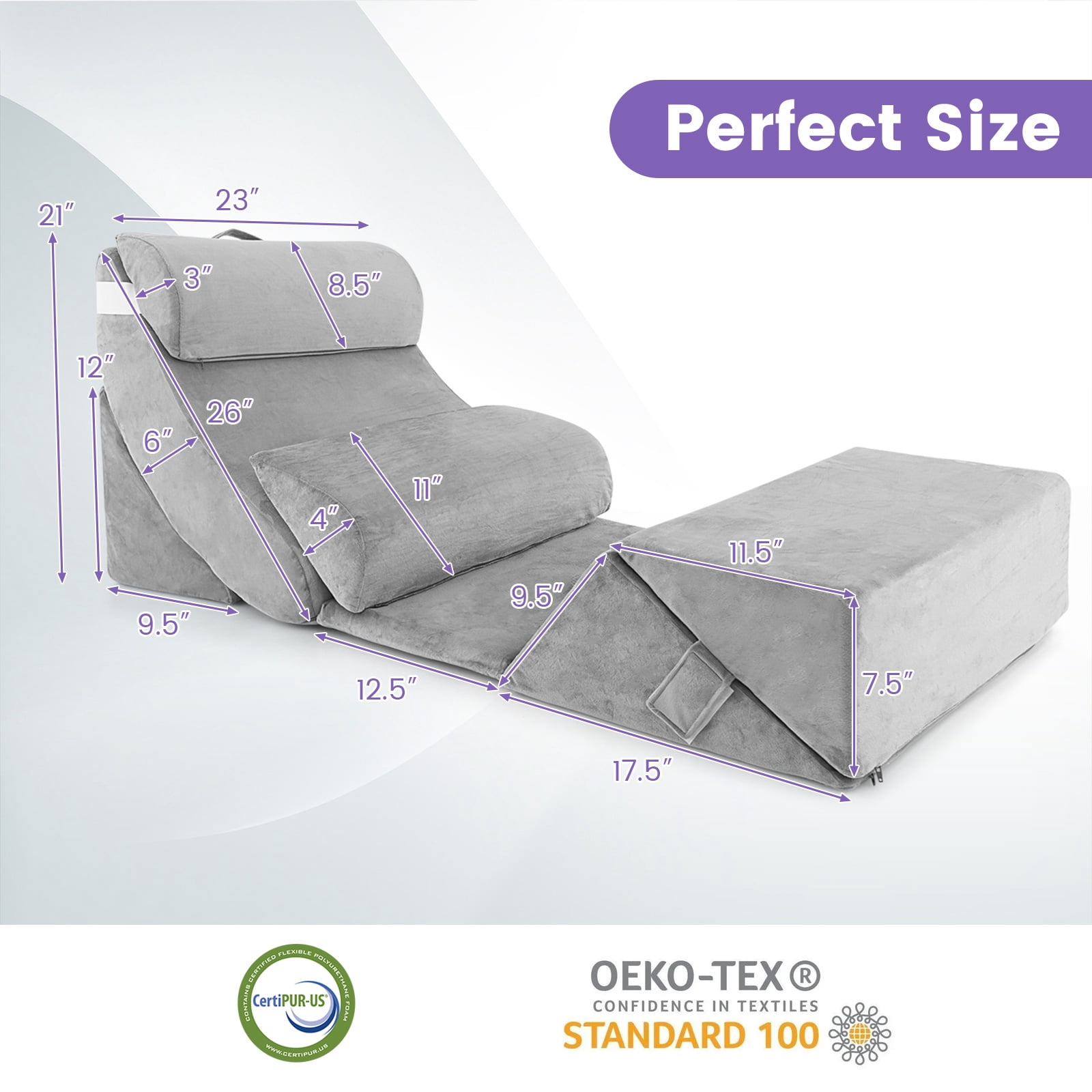 Infans 7PCS Bed Wedge Pillow Set Adjustable Back Neck Leg Support Memory Foam Grey