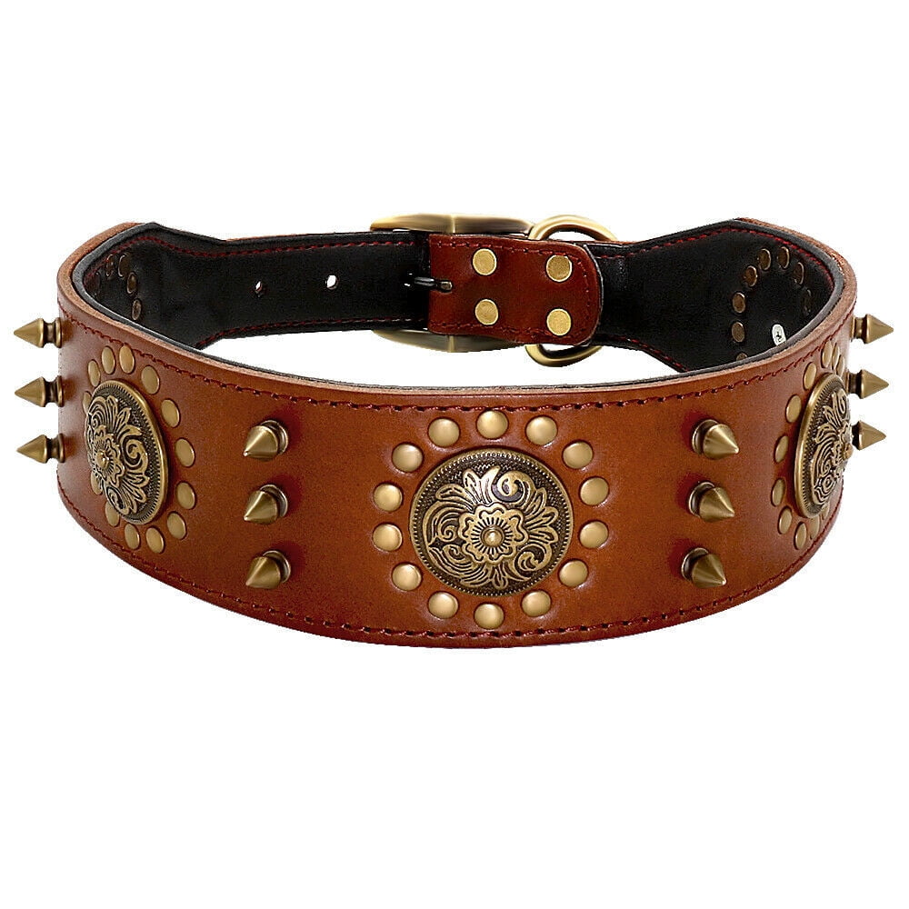 Beirui Luxury Spike Studded Genuine Leather Dog Collar Durable Adjustable for Medium Large Breed Doberman Pitbull German Shepherd L XL