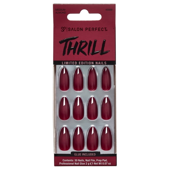 Salon Perfect Halloween Thrill Medium Almond Press-On Nails with Glue & File, Red Aura, 30 Pieces