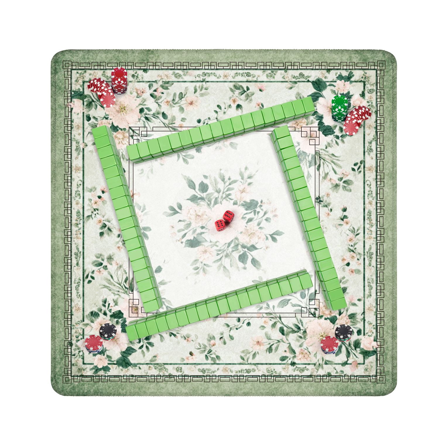 Mahjong Mat 31.5" x 31.5" Floral Green Accents Soft Pink Flowers Non-Slip Noise Reduction American Mahjong Tiles Table Cover for Dominoes Poker Card Board Games Gift