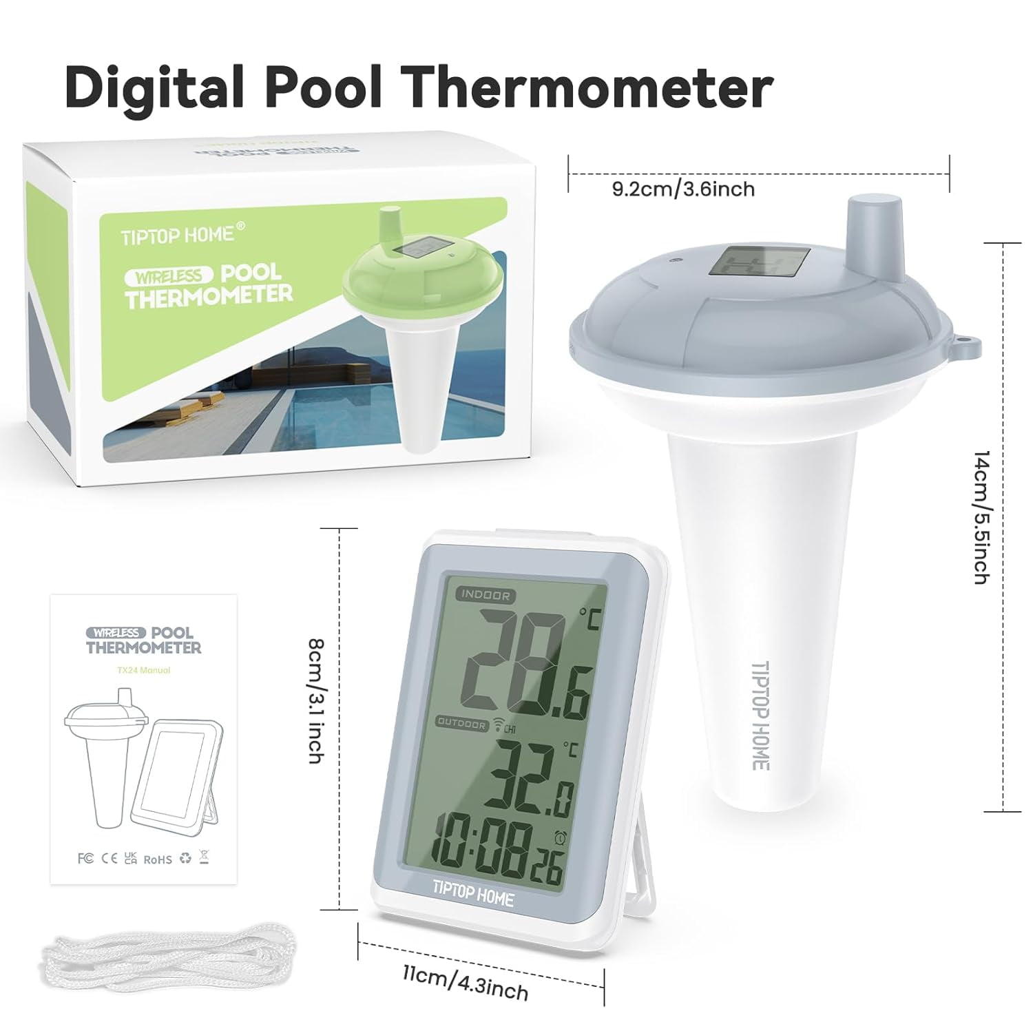 Aquatix Pro Large Floating Pool Thermometer Premium Water Temperature Thermometers String Shatter Resistant Outdoor Indoor Swimming Pools Spas Hot Tu