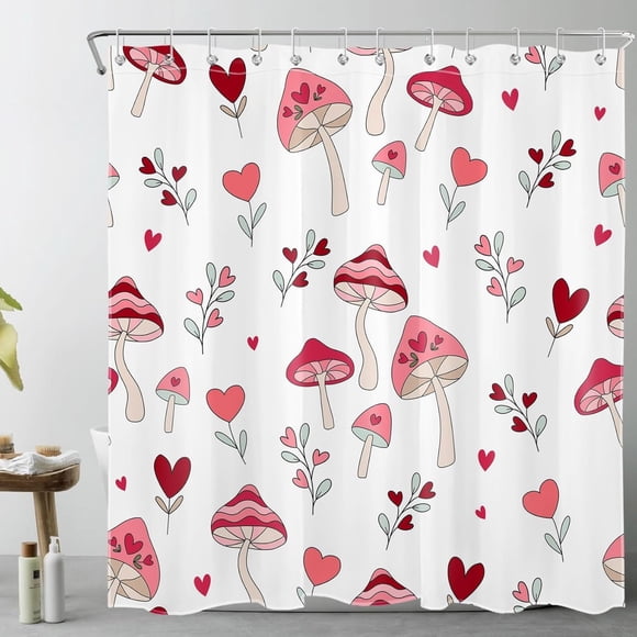 Rideau de Douche Champignon Esthétique Rouge et Rose Cœur d'Amour Floral Ensemble de Rideau de Douche Saint-Valentin Rideaux de Douche pour Salle de Bain Tissu Imperméable Lavable avec Crochets,72x72 Pouces