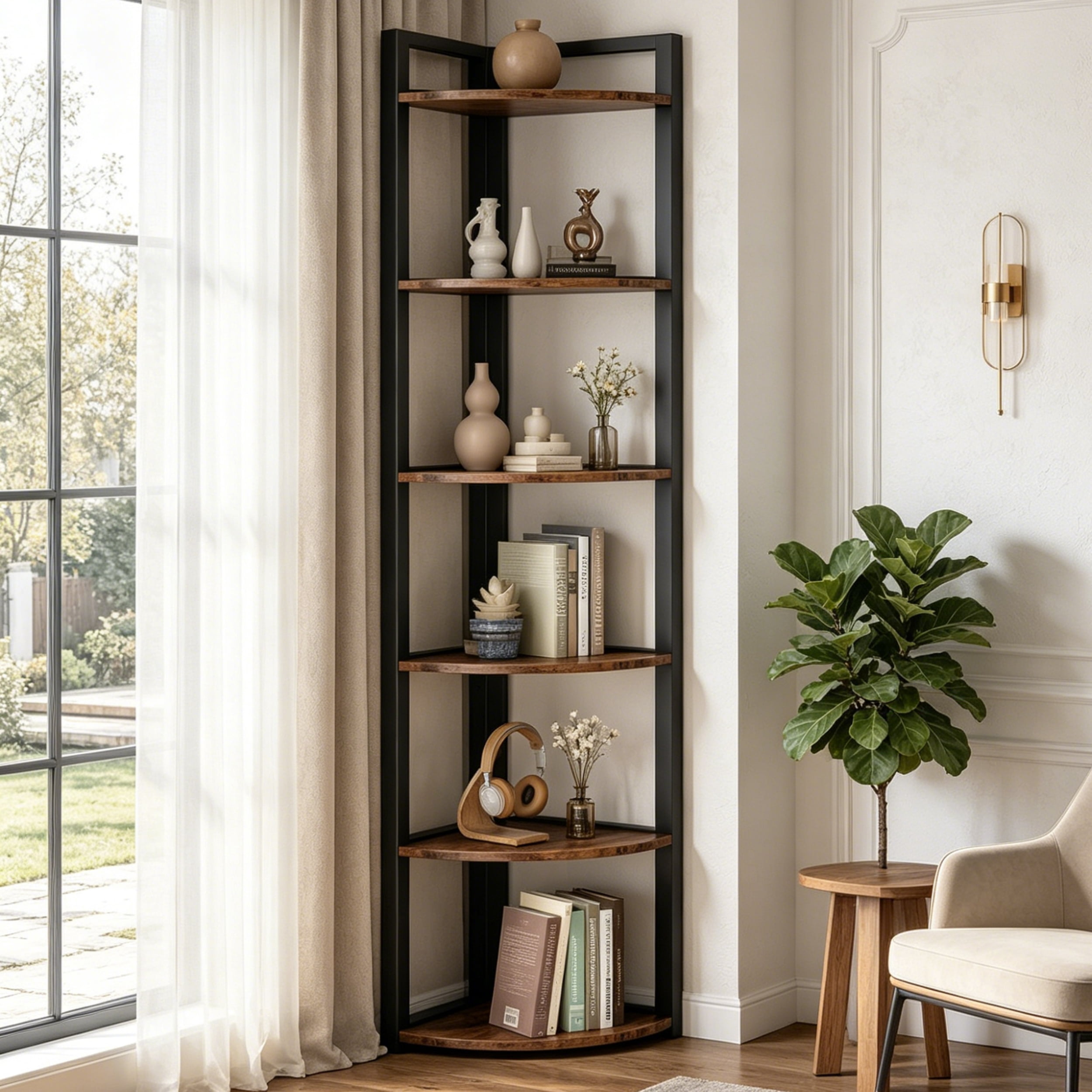 Fnova 70.9" 6-Tier Corner Shelf, Rustic Corner Bookshelf, Compact Storage Rack for Living Room, Home Office, Kitchen