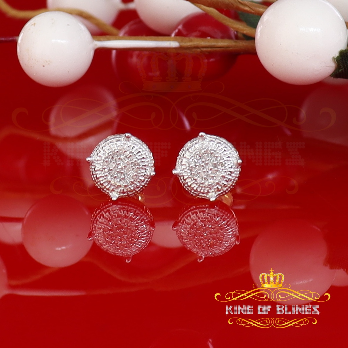 King of Bling's 10K Real Yellow Gold with 0.10 CT Diamond Round Stud Earring For Women And Men