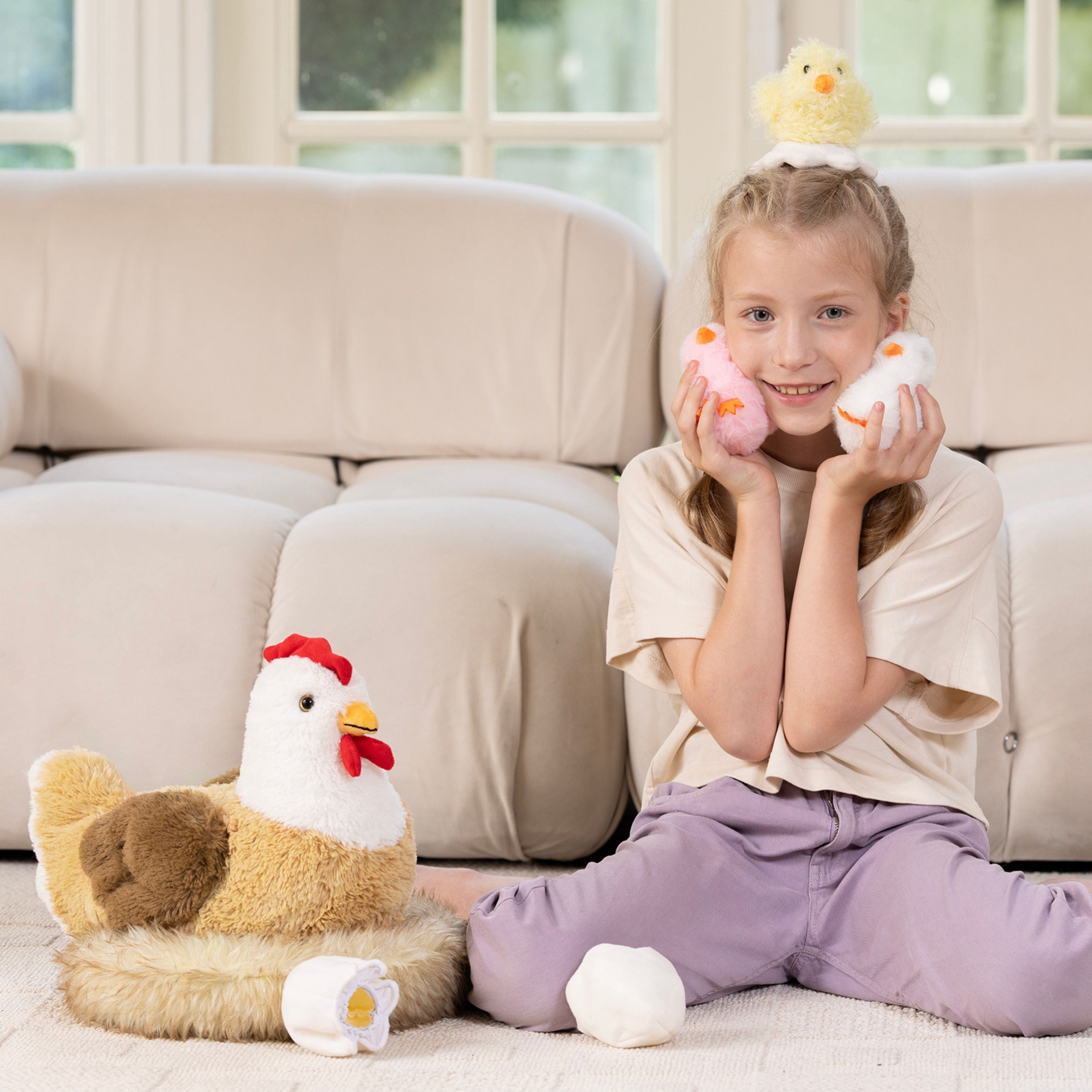 Tezituor 7Pcs Chicken Stuffed Animals 14'' Stuffed Hen with Baby Chicks, Eggs, and Nest House Plush Farm Stuffed Animals