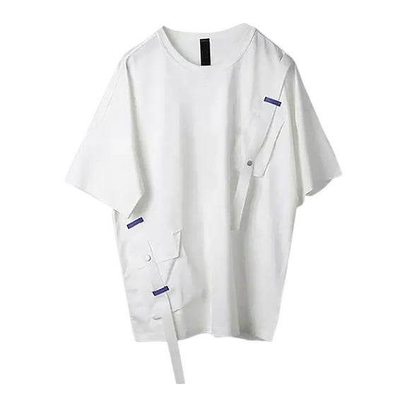 MIXUE Shirts For Men Summer Solid Color Round Neck Short Sleeve Pockets Casual Basic Pullover Tops Tee Shirts Daily-Wear,White,XL