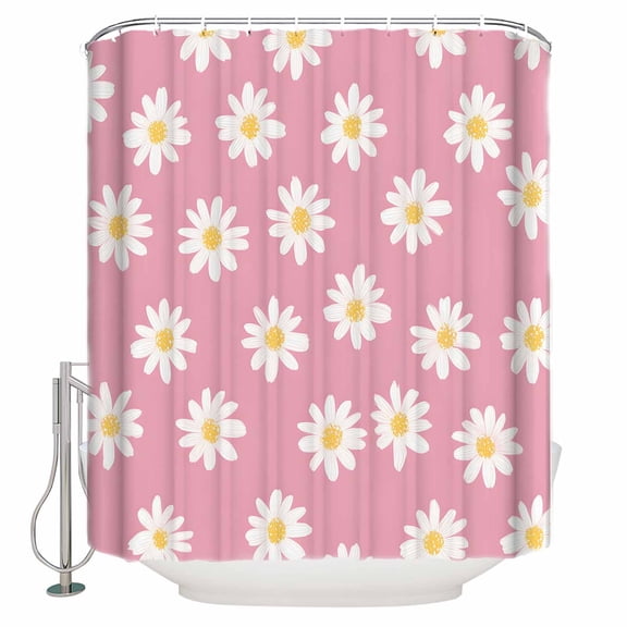 White Daisy Shower Curtain, 48" x 72", Flowers Pink Background Minimalist Modern Art Waterproof Bathroom Curtain Washable Shower Curtain Set with 12 Hooks