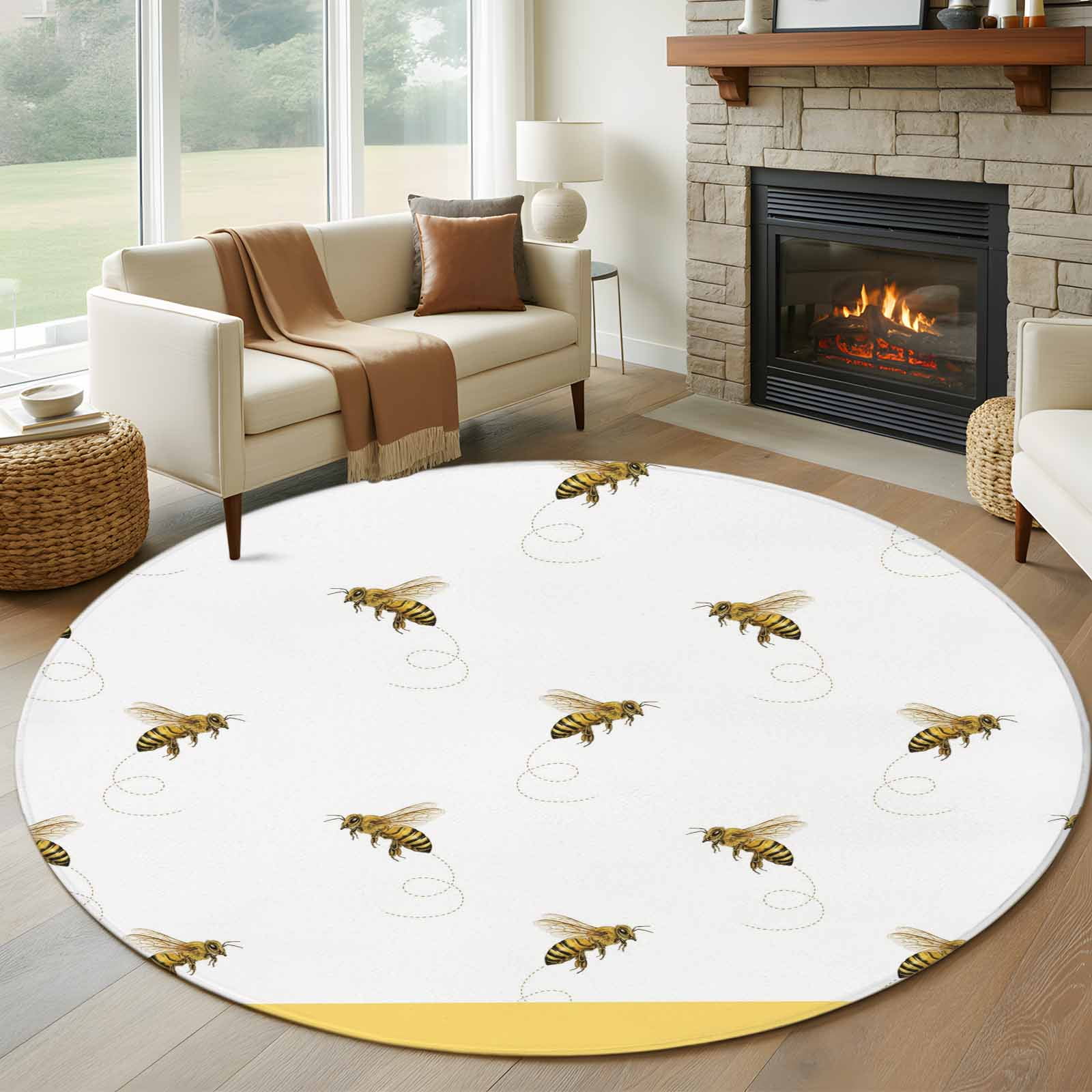 Round Area Rug 5ft Farm Honey Bee Swirling Yellow Non-Slip Non-Shedding Floor Mat Rustic Seamless Insects Washable Sturdy Carpet for Living Room Bedroom Home Decor