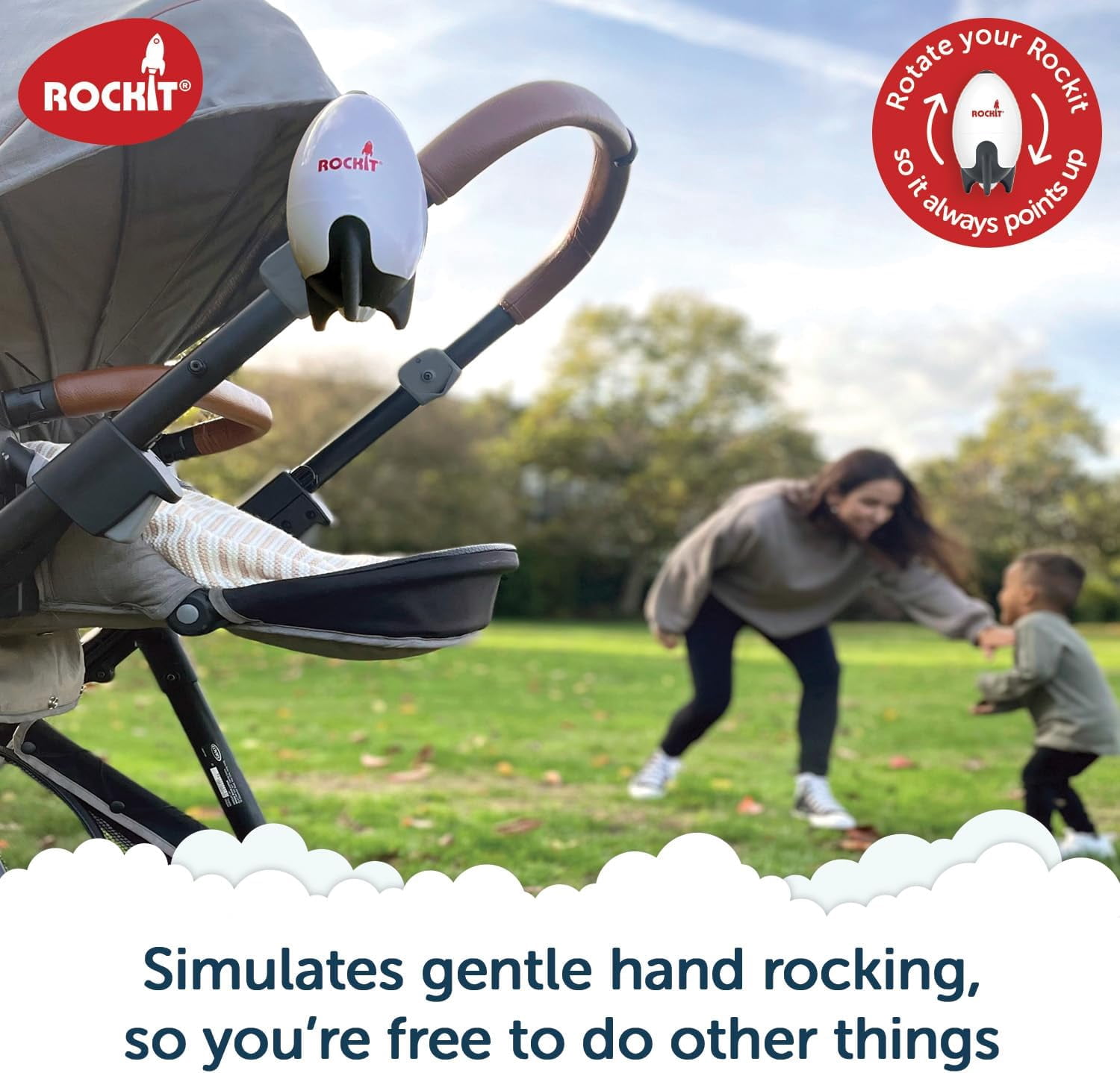 Rockit Rocker USB Rechargeable 2.0. Rock-it Baby Rocker Rocks Any Stroller, Carriage, Pushchair or Buggy. Comes with a Rotating Stroller Bracket.
