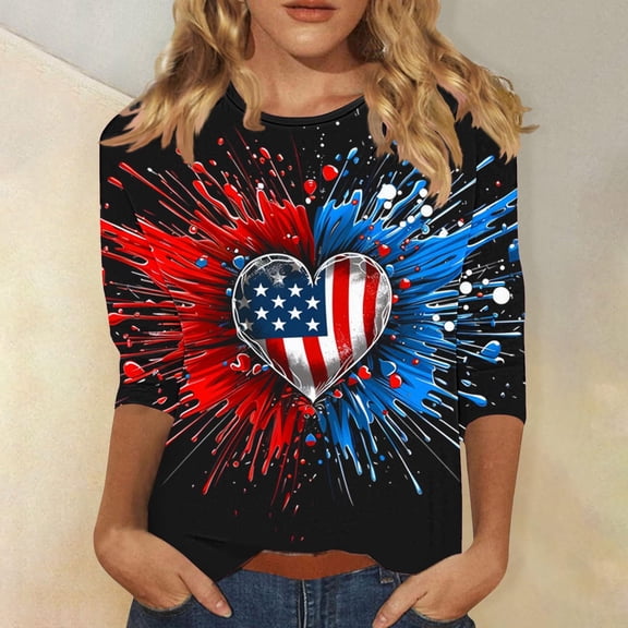 Cavosen American Flag T Shirts Women Patriotic 3/4 Sleeve Crewneck Tops American Flag Print T Shirts Lady XL Independence Day Casual Shirts Funny 4th of July Tunic Tees 2025 Patriotic Outfits