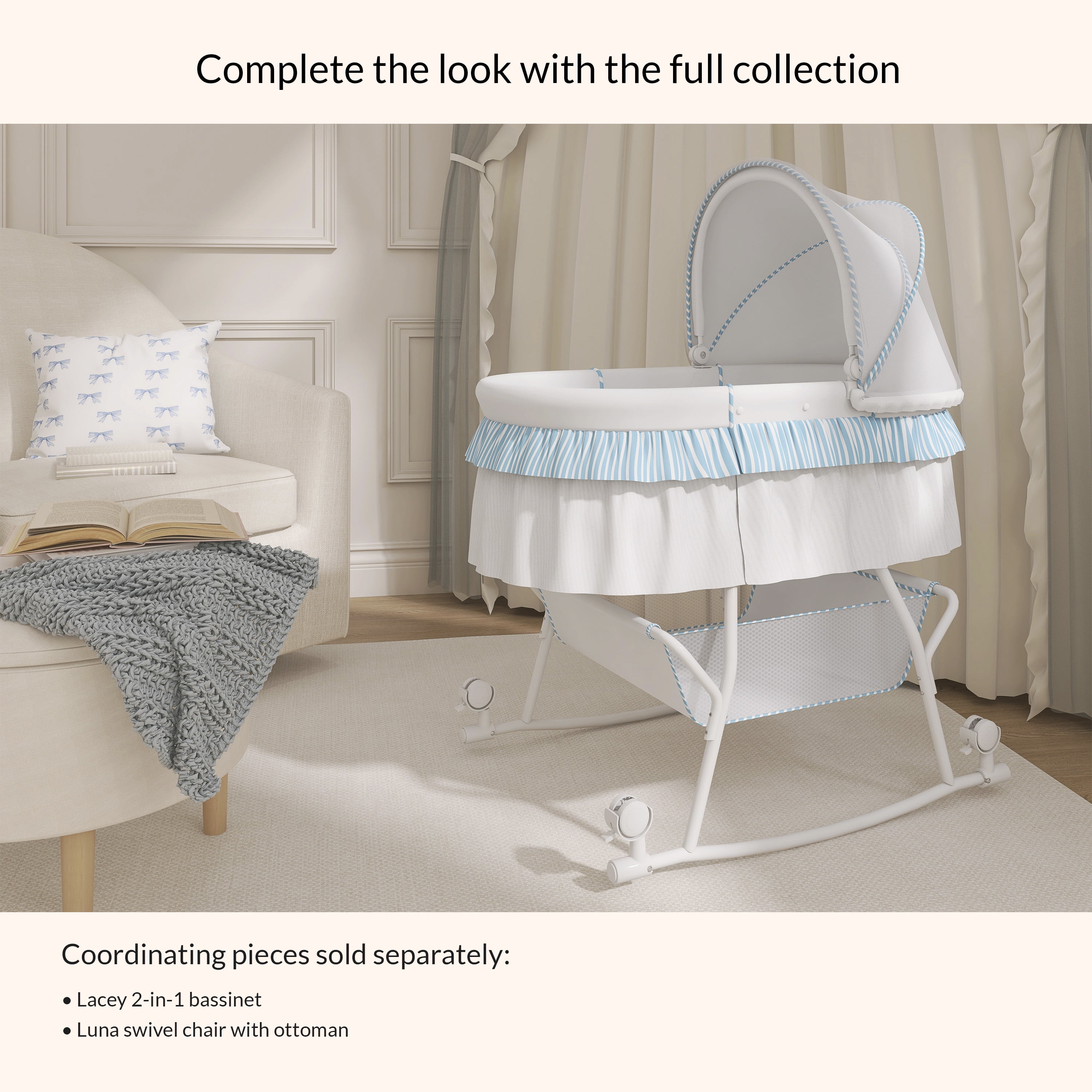 Dream On Me Lacy Portable 2-in-1 Bassinet & Cradle in Blue and White, Lightweight Baby Bassinet