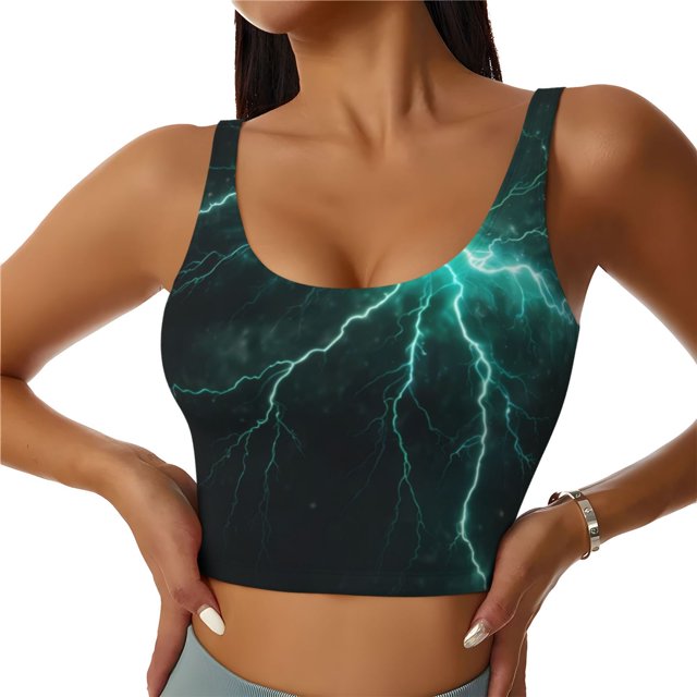 Fotbe Green Lightning Flash Pattern Womens' Sports Bra Longline Wirefree Padded with Medium Support Sports Moisture-Wicking Workou Vest,Tank Top-Medium