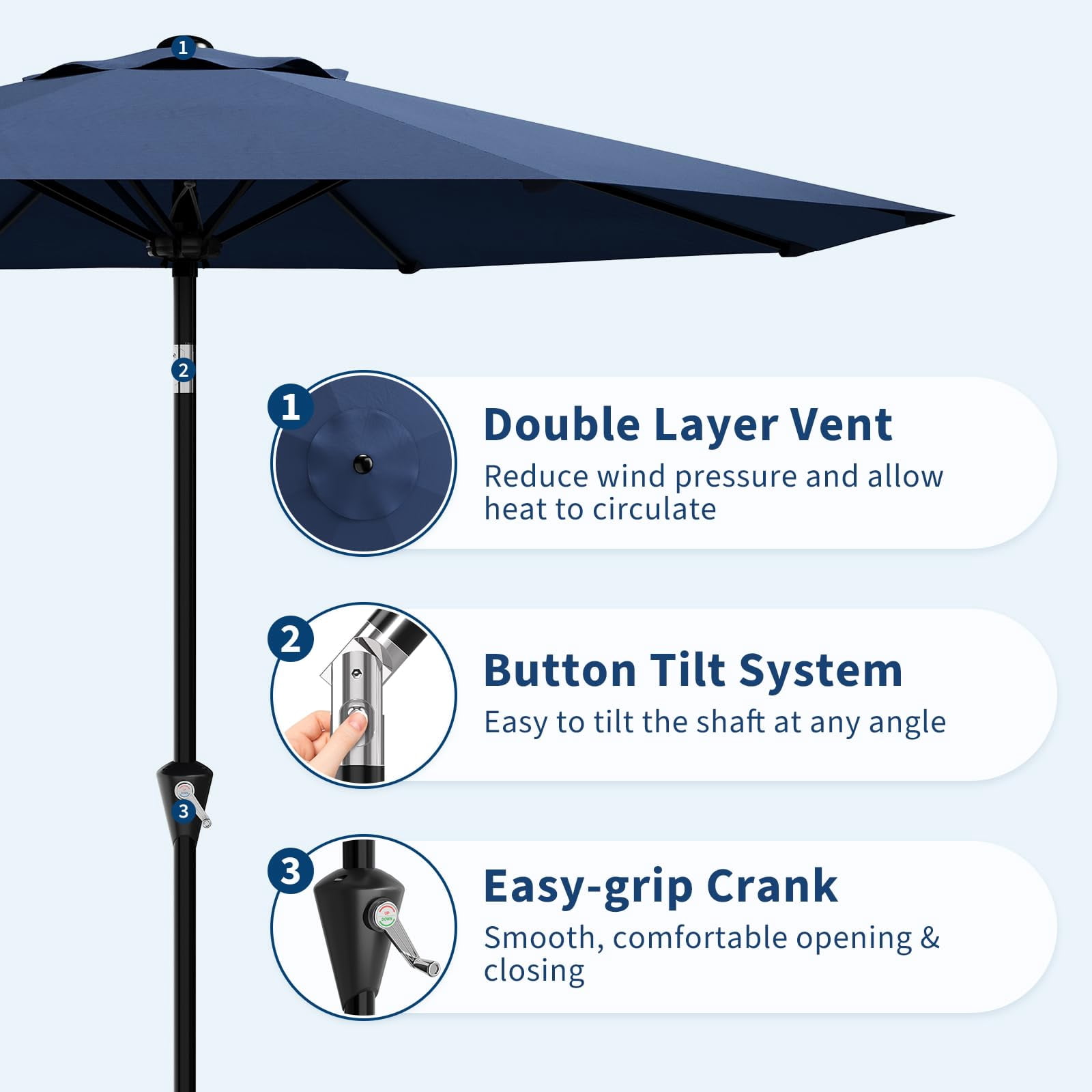 Garvee 9 feet Outdoor Patio Umbrella, with Push Button Tilt & 8 Sturdy Ribs, Blue