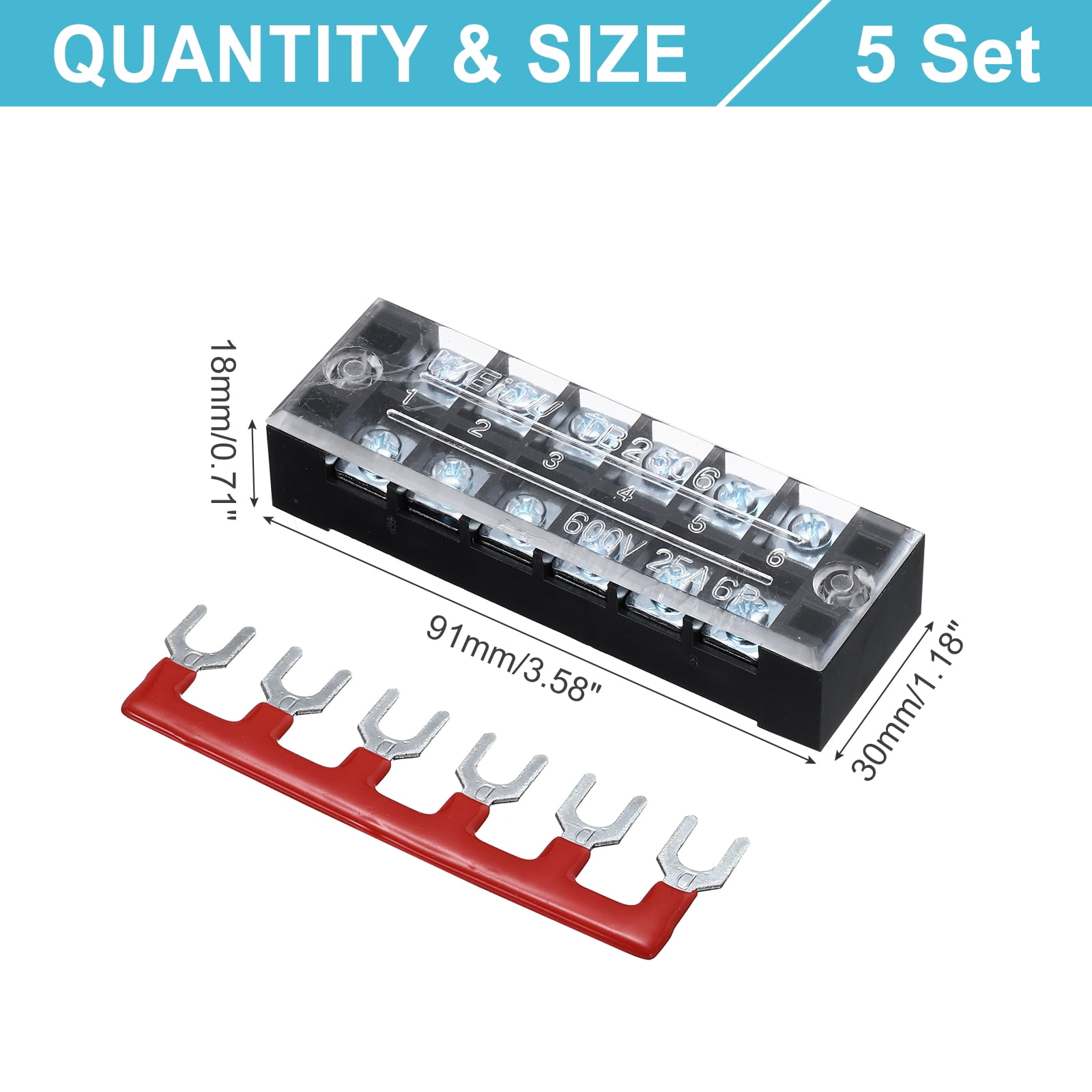 Uxcell 5 Pcs Dual Row Terminal Block, 600V 25A 6 Positions Screw Terminal Block with 5PCS Pre-Insulated Barrier Strips for Power System, Home Appliances