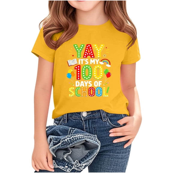 Fatuov Kids Back to School Shirts Short Sleeve Summer Graphic Tees for School Funny Print Crew Neck Breathable T-Shirt 9-10 Years, Yellow