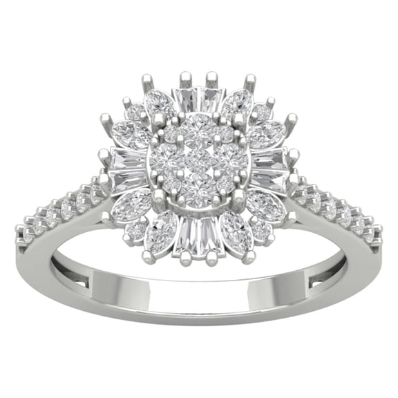 Araiya 10K White Gold Round Baguette and Marquise Diamond Halo Flower Shape Ring (1 cttw, I-J Color, I2-I3 Clarity), Size 7