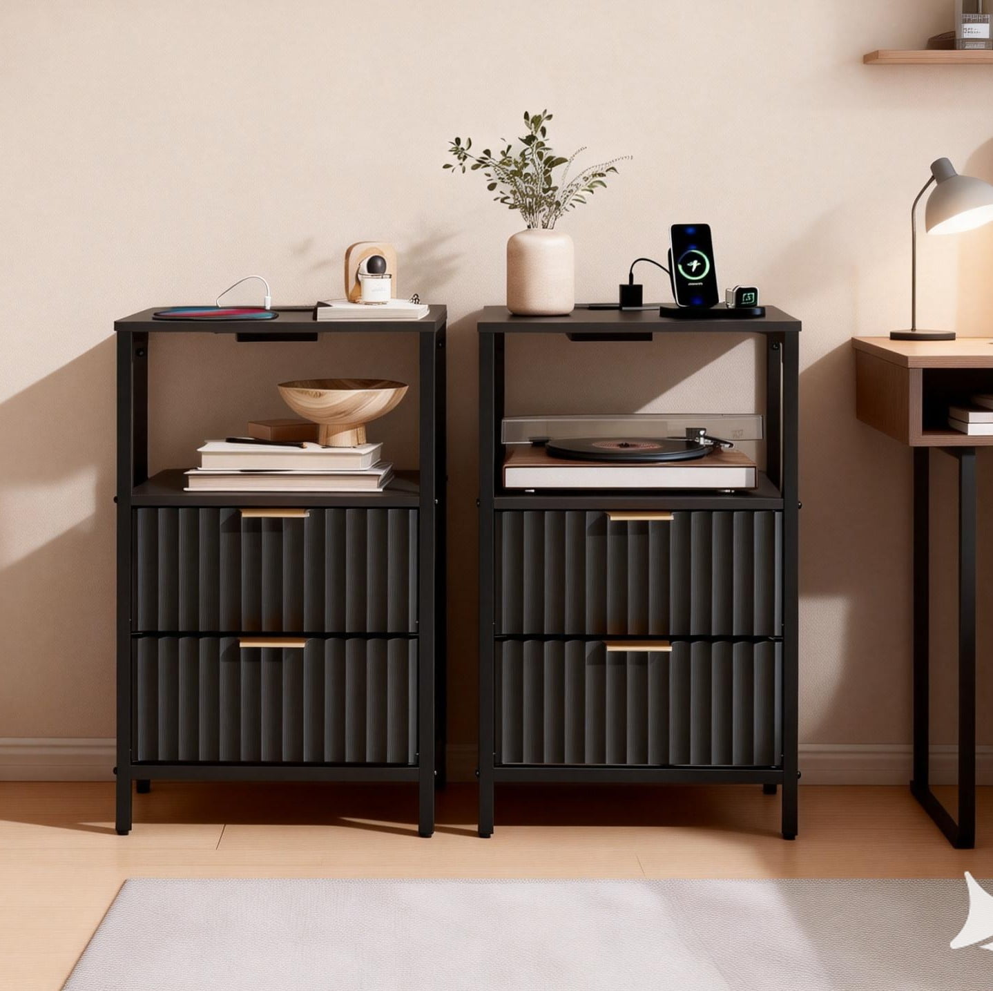 Ktaxon Nightstand with Charging Station End Table with 2 Fabric Drawers Bedside Table Furniture for Bedroom, Living Room,Fluted Black Wave Design