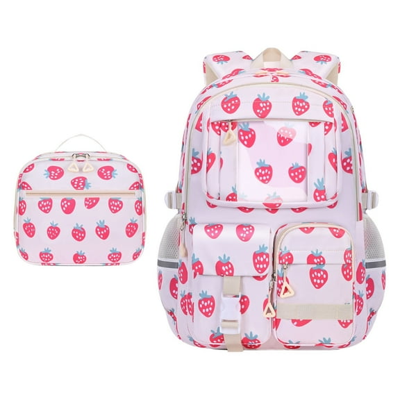 WMGHA Strawberry Backpack - Cute Teenage Multiple Pockets Backpack, Fashion Bookbag for Primary Elementary High School, Pink