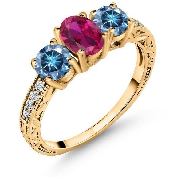 Gem Stone King 18K Yellow Gold Plated Silver 3-Stone Ring Oval Red Created Ruby and Vivid Persian Blue Moissanite (1.97 Cttw, Size 8)