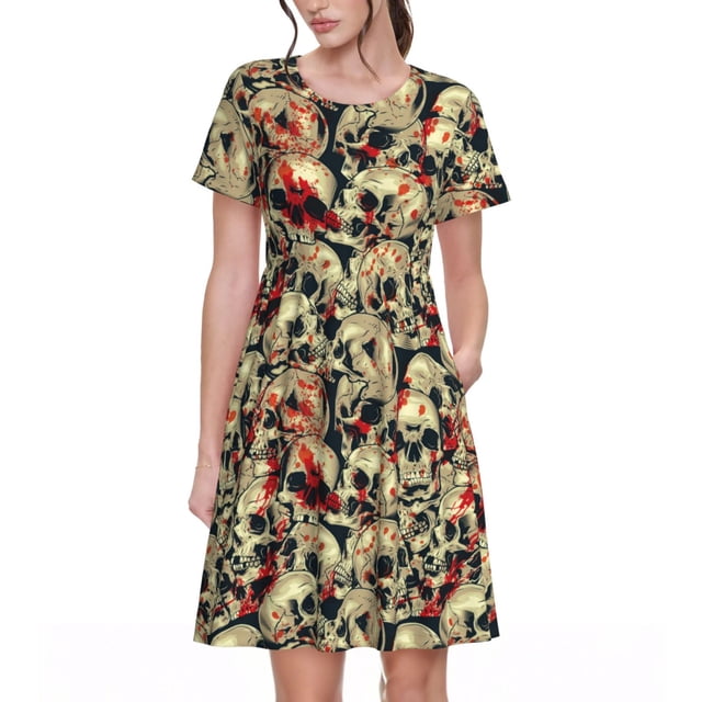 Bixox Robe d'Été à Manches Courtes pour Femmes Robe Ample Longueur Genou avec Poches-Crânes1