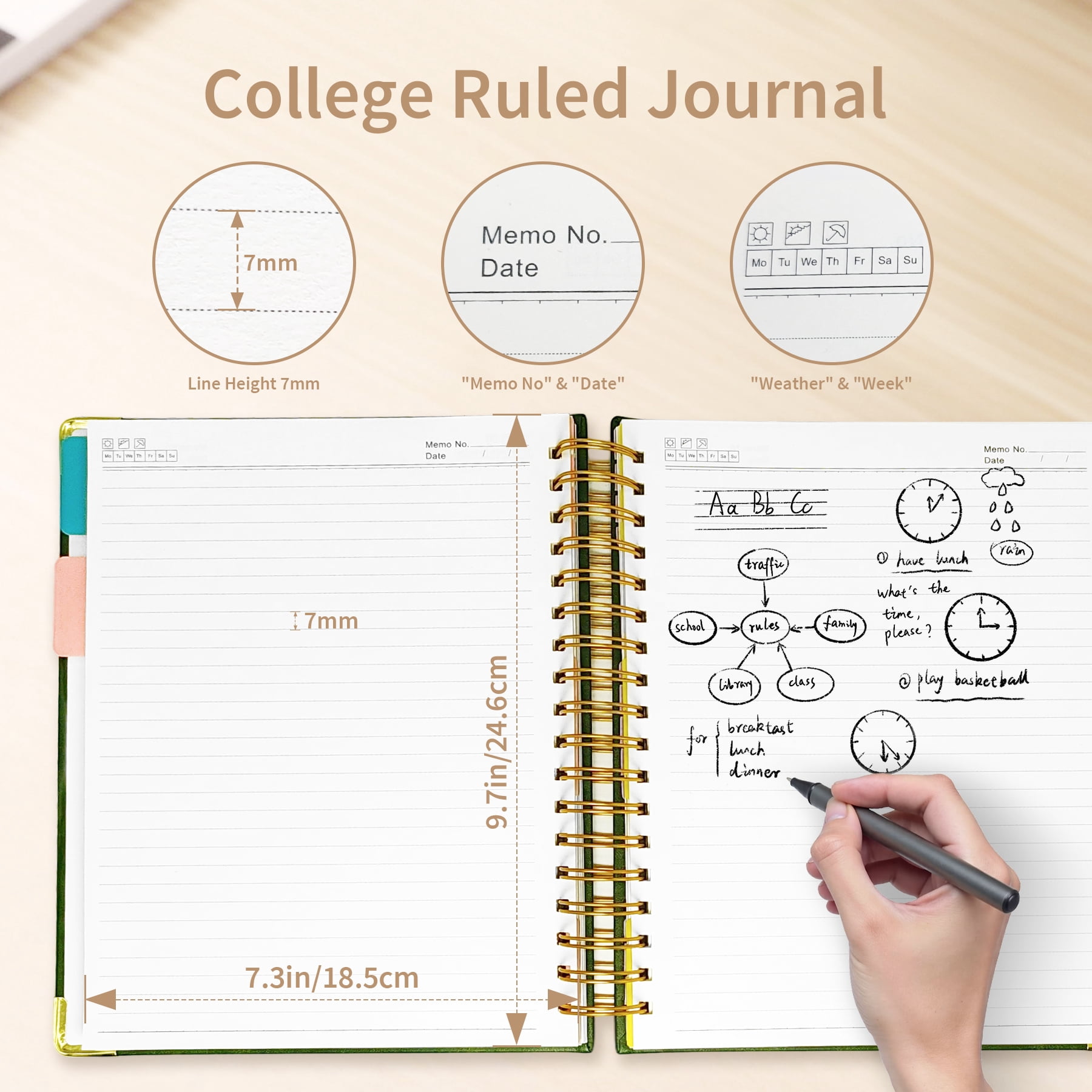 1Pack Hardcover Spiral Notebook with Tab, Ruler &  Removable Dividers, 300 Pages 8"x10" Large B5 Faux Leather Notebooks, 5 Subject Notebook College Ruled for Work, Home (Green)
