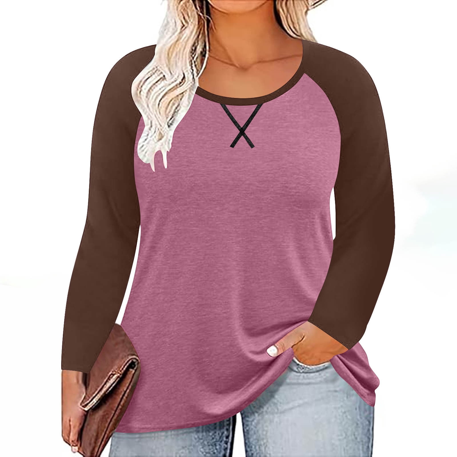 aohooy Womens Plus Size Long Sleeve Baseball Shirt Color Block Casual Loose Tees Tshirts Spring Round Neck Loose Fit Tunic Tops Hot Pink,XXXL