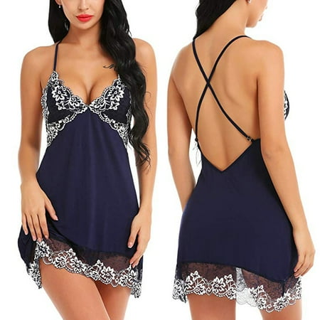 Women Sleeveless Backless V Neck Nightdress Negligee Red Sexy Lingerie