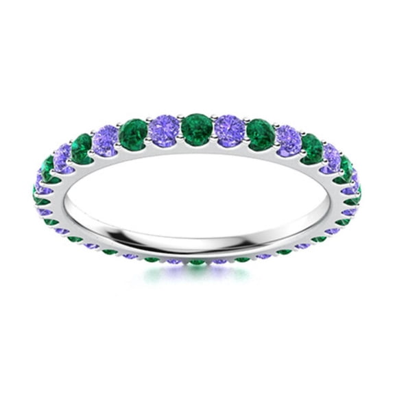 925 Sterling Silver Full Eternity Round Blue Sapphire & Emerald Ring For Women