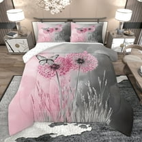 Manfei Pink Grey Dandelion Bedding Comforter Set, Kawaii Butterfly Twin Comforter Sets, Rustic Plant Botanical Reversible Bedding Set, Lightweight Room Decor, 2-Piece