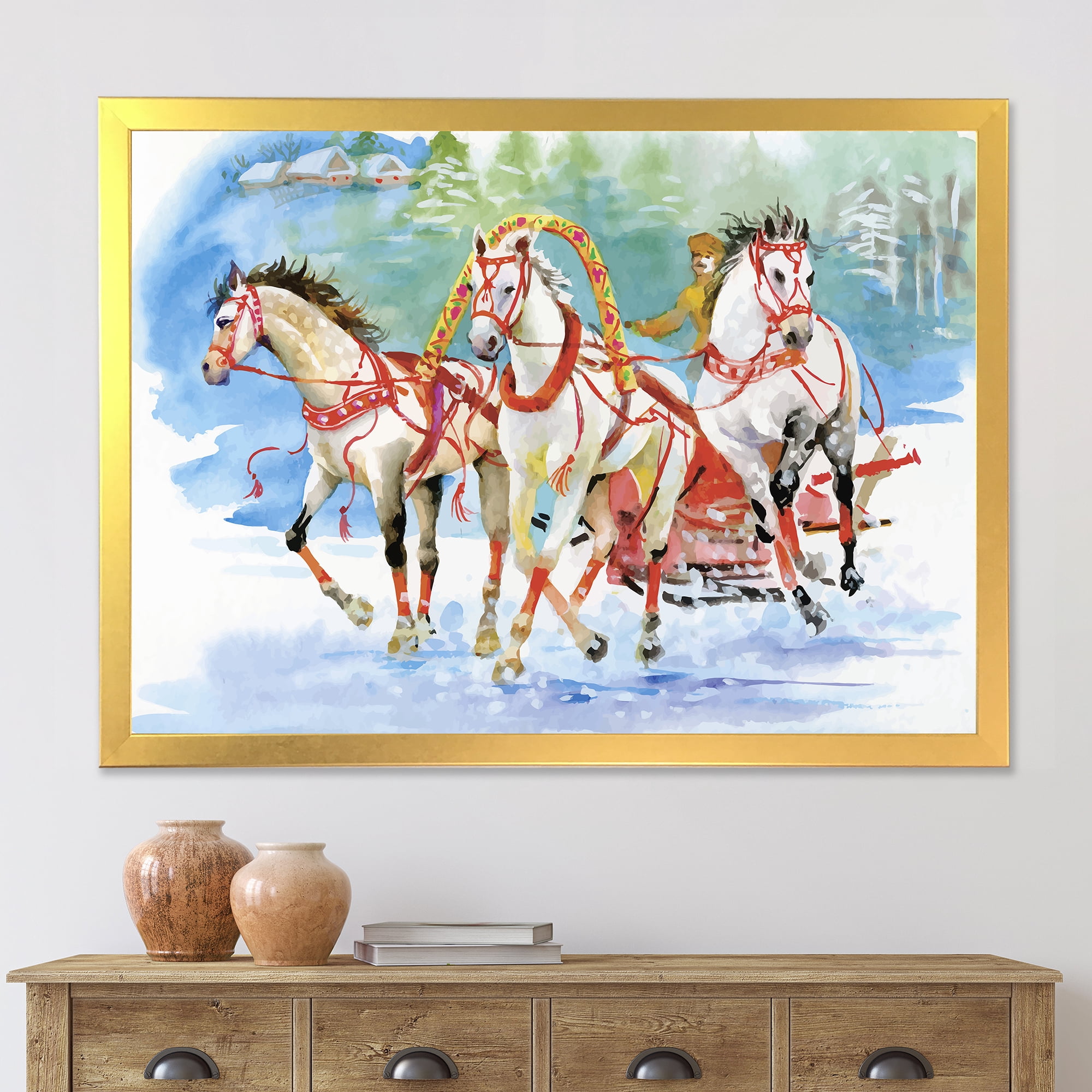 Designart 'Carriage In The Snow With Galoping Horses' Farmhouse Framed Art Print