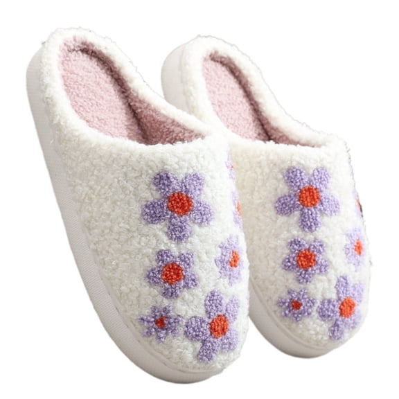 BERANMEY Cute Flower Print Slippers for Women Soft Plush Comfy Warm Slip-On Couple Womens Slippers Indoor Fluffy House Slippers for Womens Non-slip Fuzzy Flat Slides