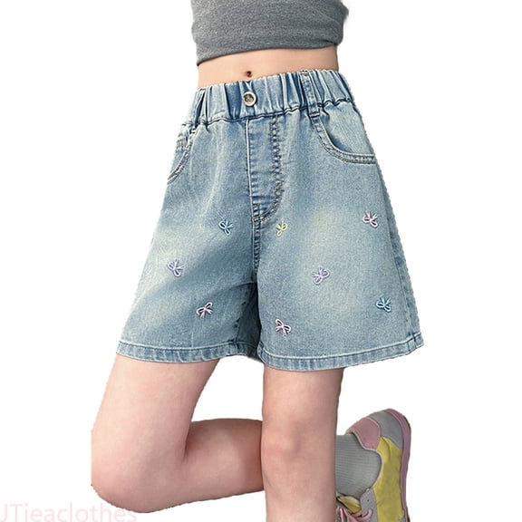 JTieacloth Wide Leg Jeans for School Girl's Casual Elastic High Waist Denim Shorts With Pocket,Sizes 2-3 Years