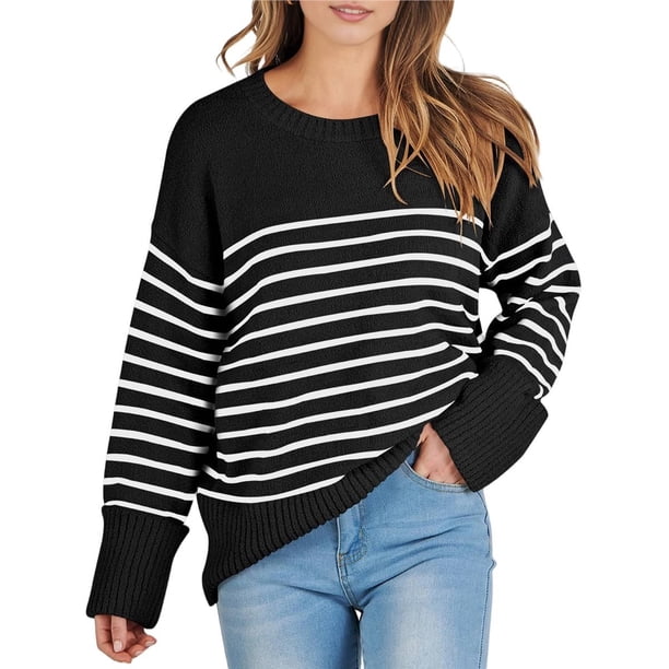 Suéter Informal de Punto Afelpado de Larga Extragrande para Mujer, Ropa de Otoño Rayas Blancas y Negras XL