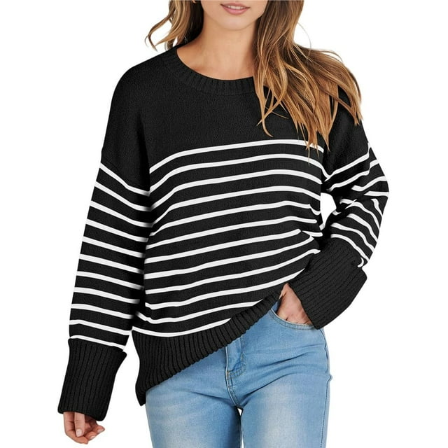 Suéter Informal de Punto Afelpado de Larga Extragrande para Mujer, Ropa de Otoño Rayas Blancas y Negras XL
