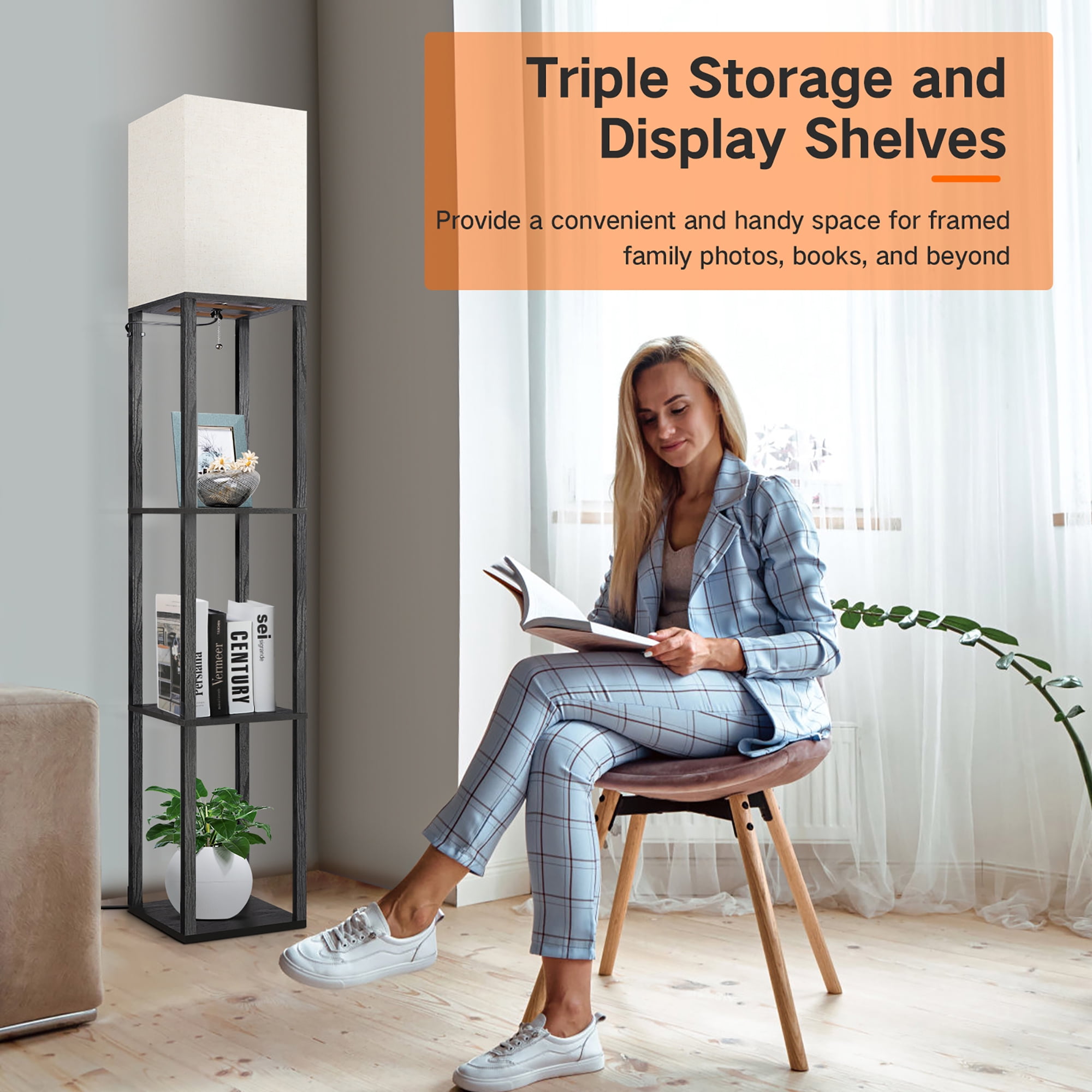 OUTON 63" Floor Lamp with Shelves, Modern Dimmable Standing Lamps with Remote Control for Living Room, Bedroom, Black