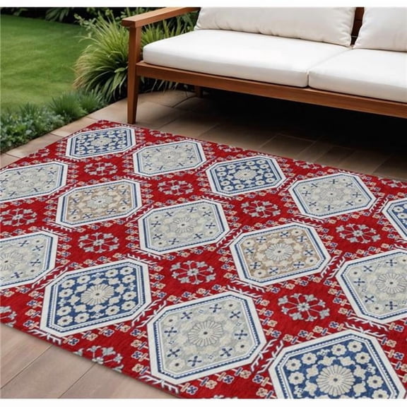 HomeRoots 610772 8 x 10 ft. Red & Navy Blue Floral Washable Indoor & Outdoor Rectangle Area Rug