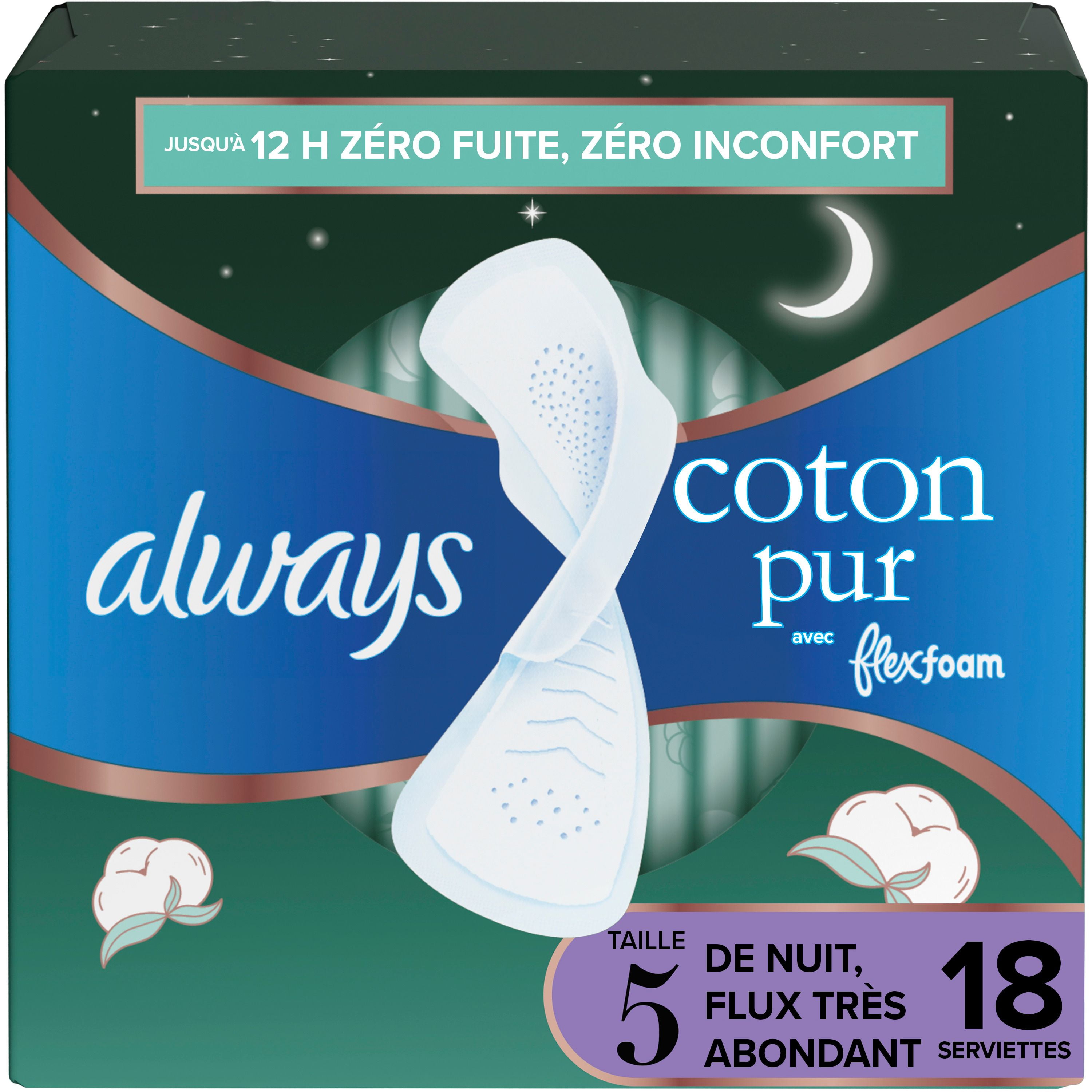 Serviettes Always Pur coton, de nuit, flux très abondant, avec ailes, pour femmes, taille 5, non parfumées 18CT