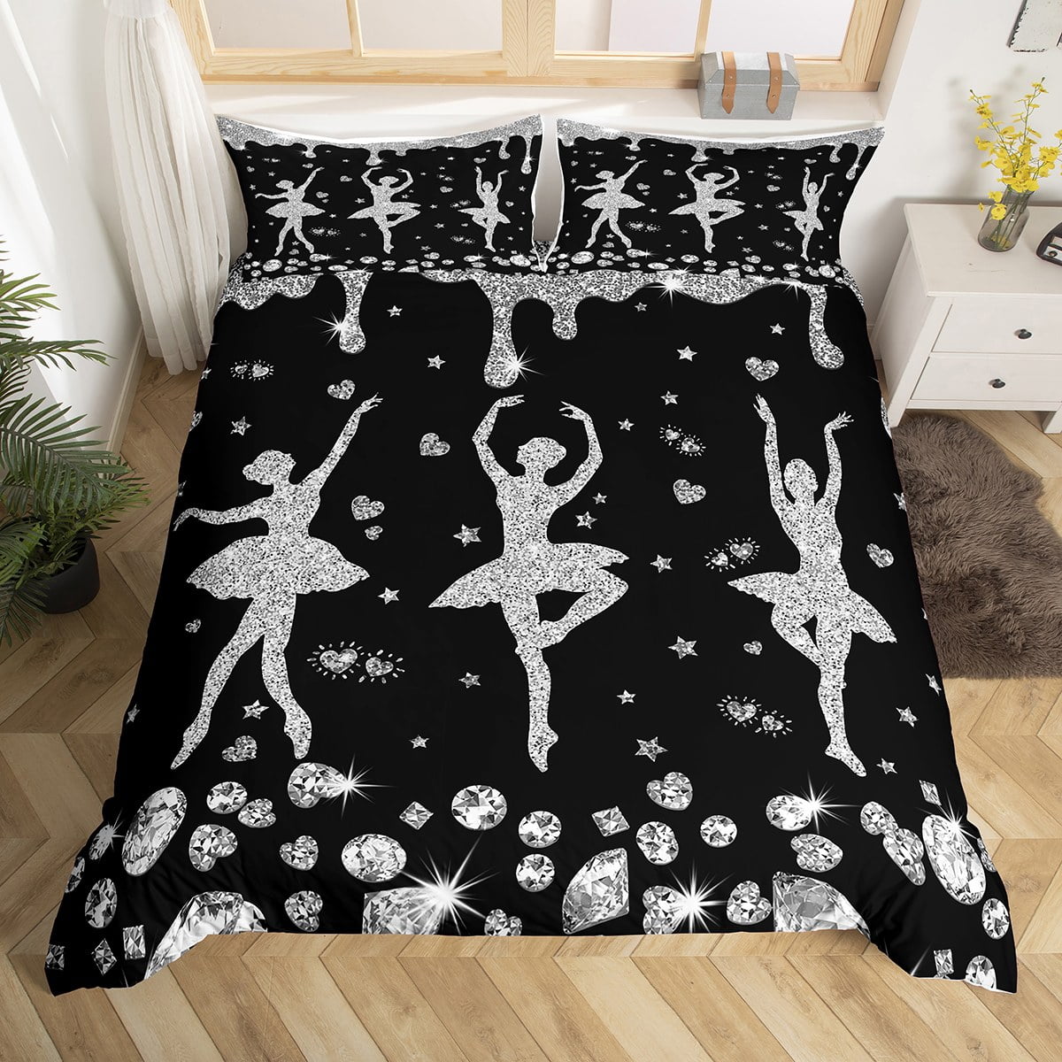 YST Black Grey Ballet Comforter Cover Twin Glitter Ballet Dancer Duvet