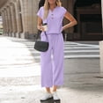 thumbnail image 5 of Women's 2026 Summer Two Piece Outfit Short Sleeve Henley Top & High Waist Wide Leg Pants Set Casual Vacation Tracksuit Lightweight Breathable Light Purple XL, 5 of 7
